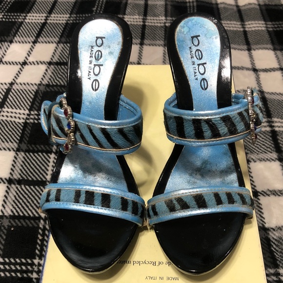 bebe Shoes - bebe Metallic Light Blue Zebra-Accent Slide Sandals 7.5